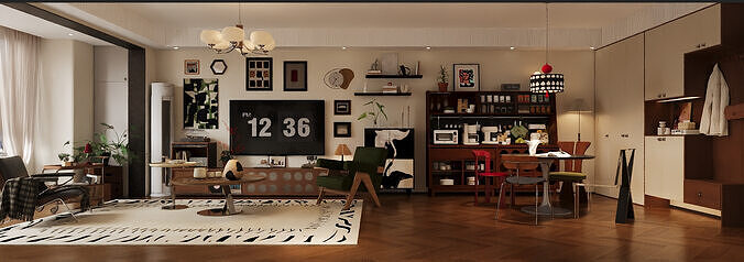 A mid-century modern and retro Bauhaus-style living room 3D model