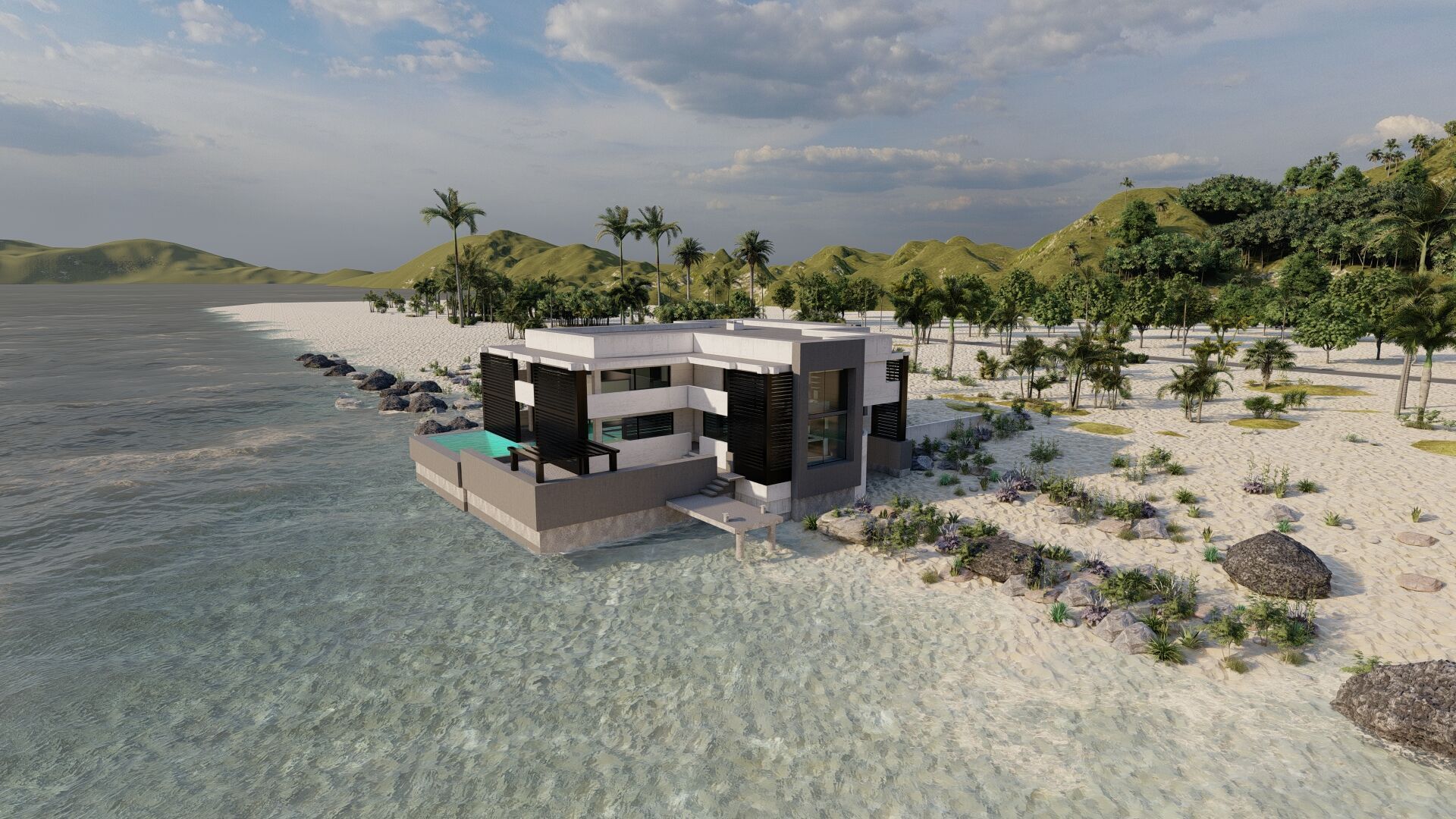 Beach Casa Scene-villa-modern house 3D model_1