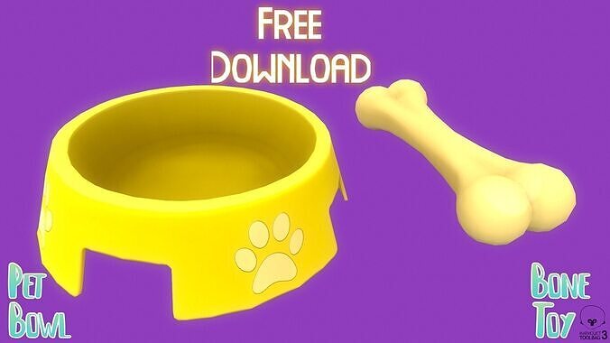Stylized Yellow Pet Bowl and Bone Toy Free low-poly 3D model