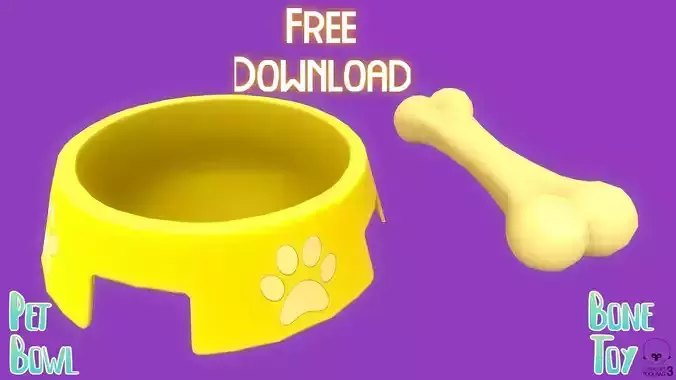 Stylized Yellow Pet Bowl and Bone Toy