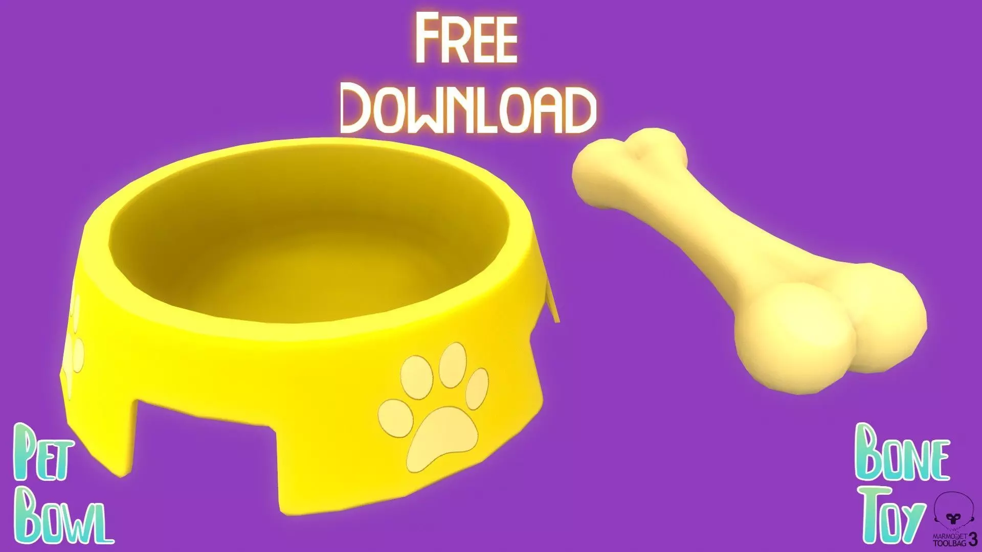 Stylized Yellow Pet Bowl and Bone Toy Free low-poly 3D model_0