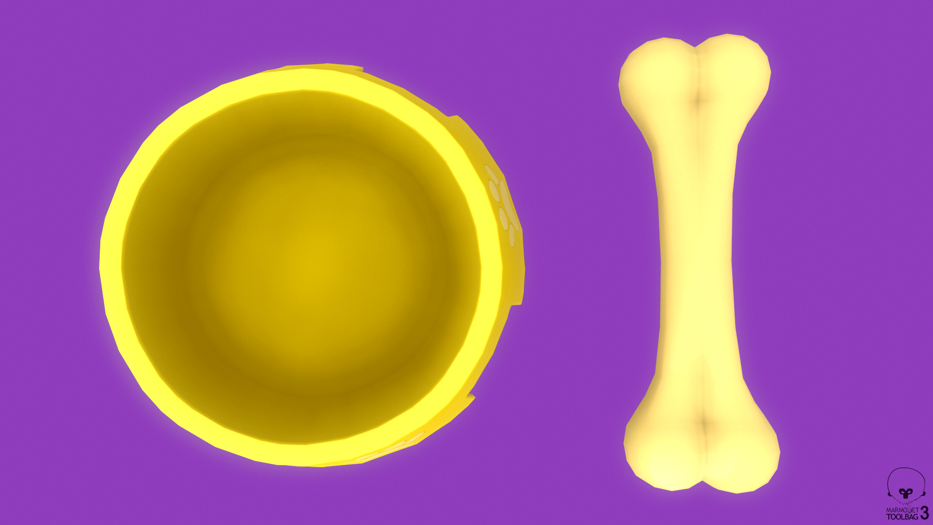 Stylized Yellow Pet Bowl and Bone Toy Free low-poly 3D model_1