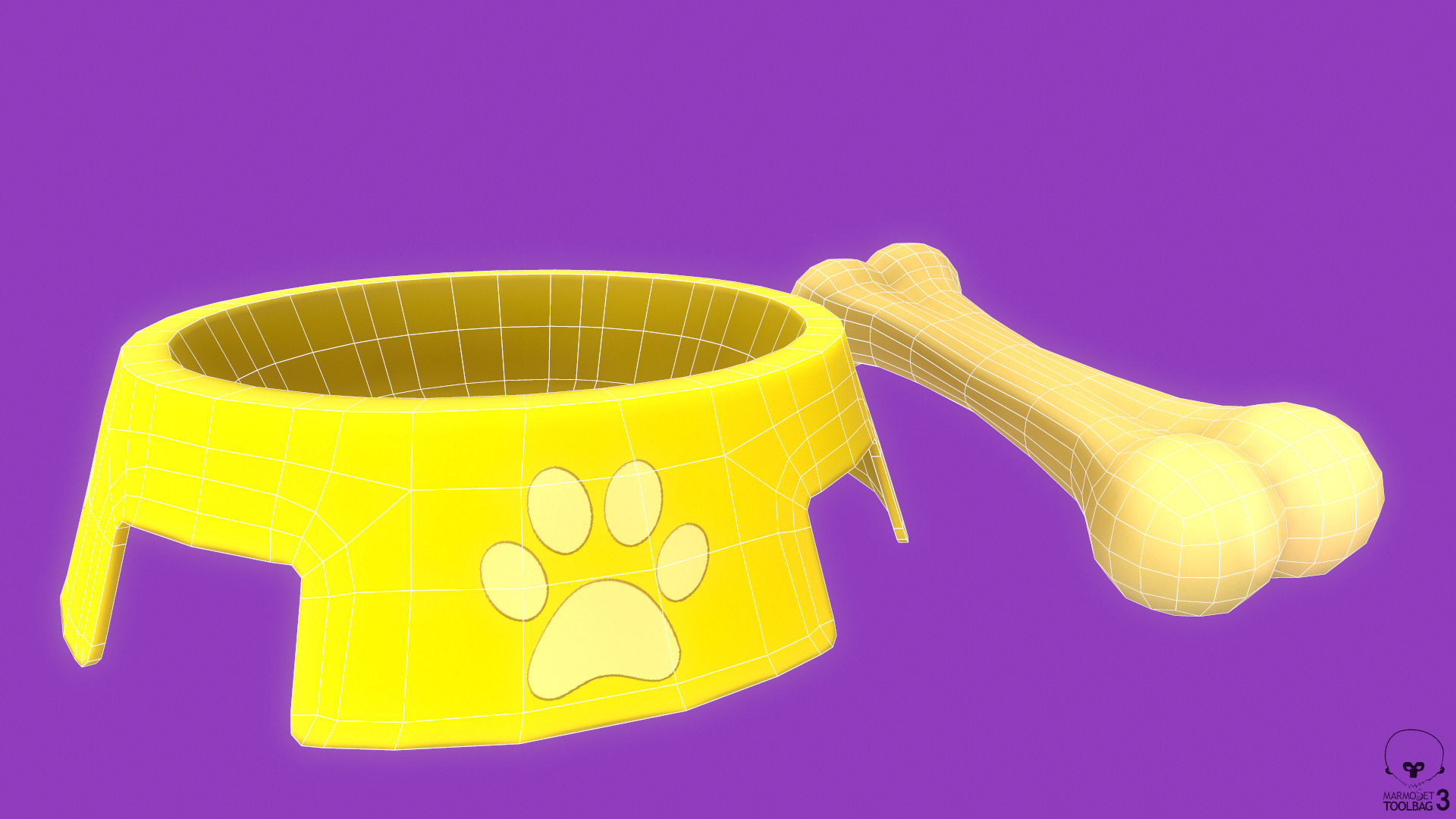 Stylized Yellow Pet Bowl and Bone Toy Free low-poly 3D model_4