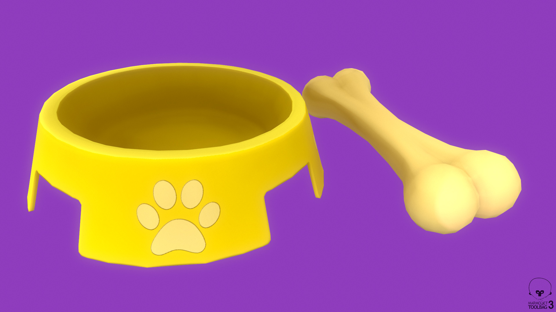 Stylized Yellow Pet Bowl and Bone Toy Free low-poly 3D model_2