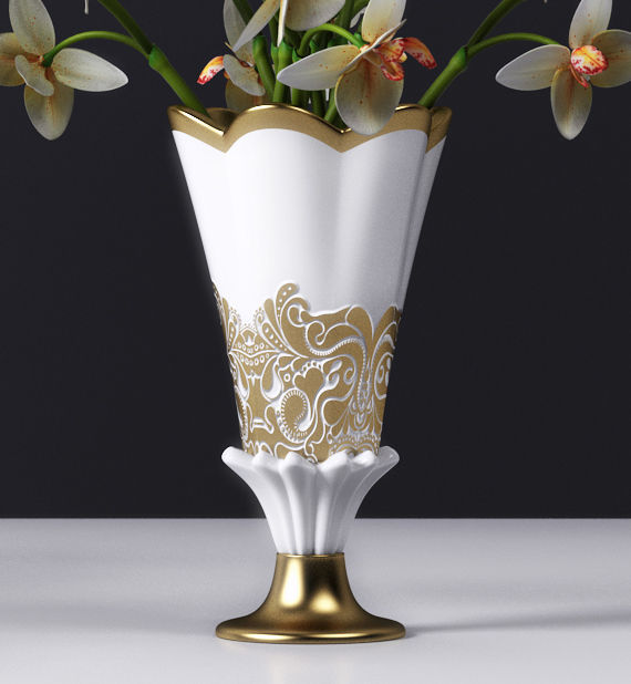 Orchid orchids in gold vase 3D model_3