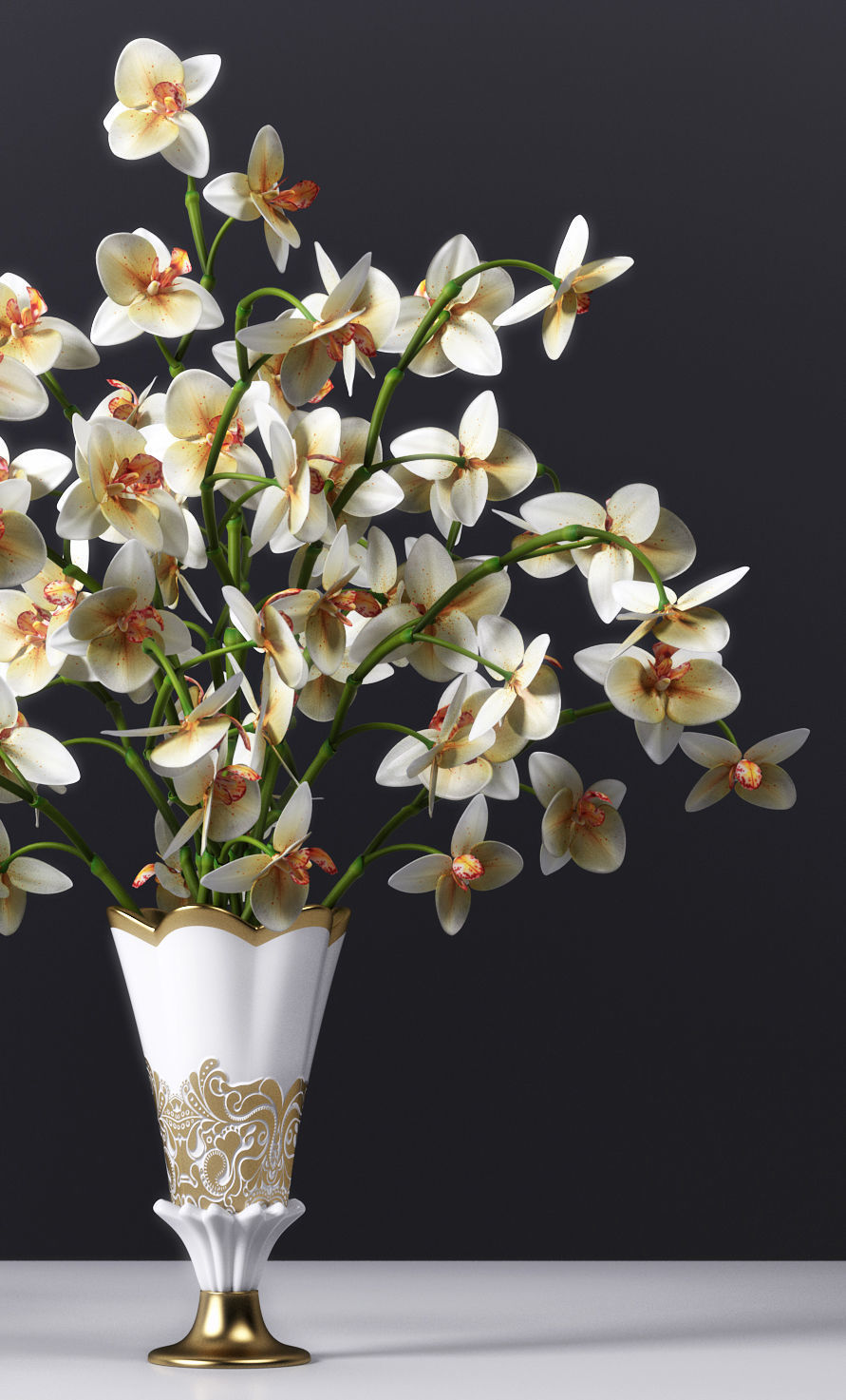 Orchid orchids in gold vase 3D model_2