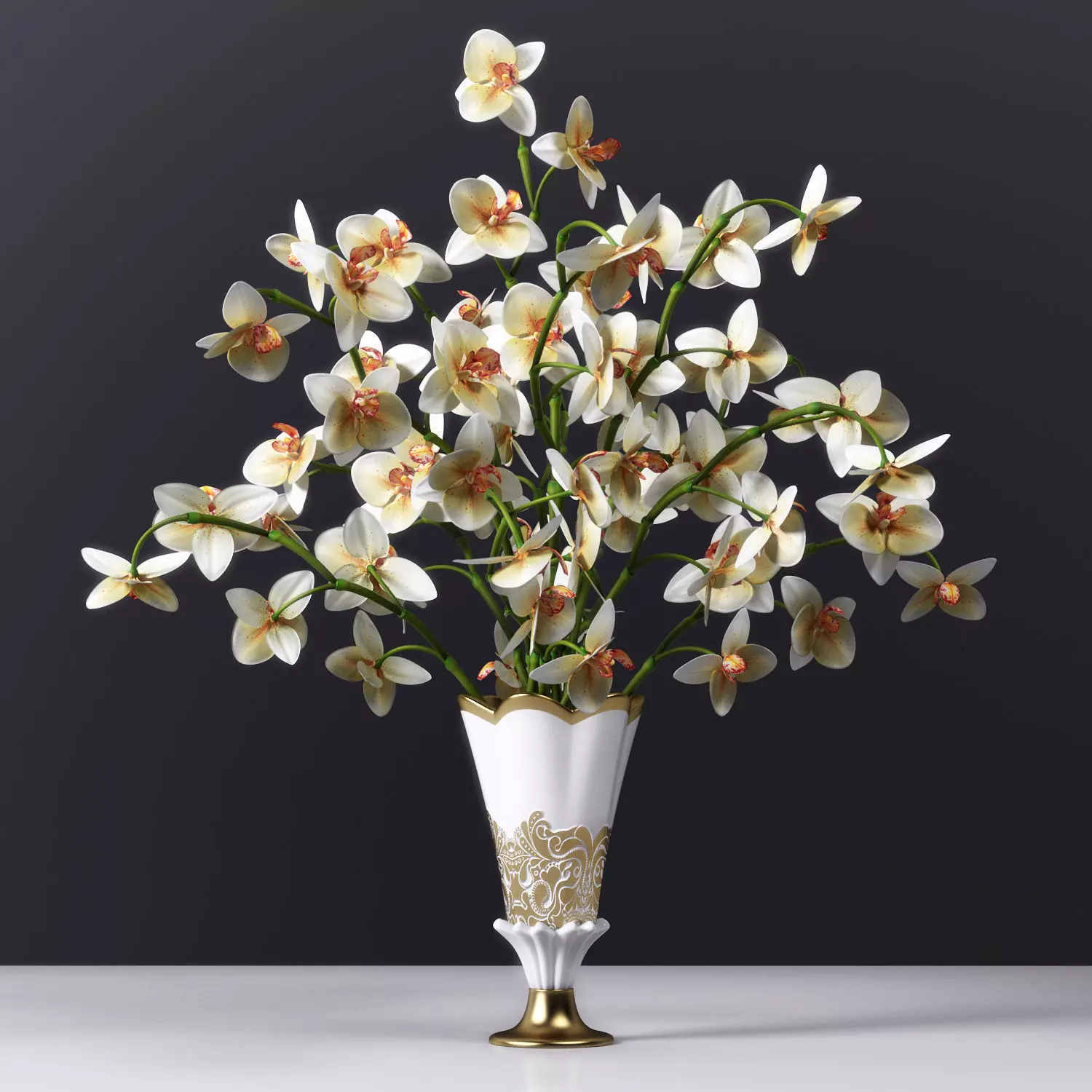 Orchid orchids in gold vase 3D model_0