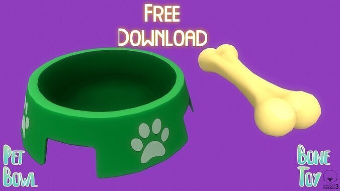 Stylized Dark Green Pet Bowl and Bone Toy Free Free low-poly 3D model