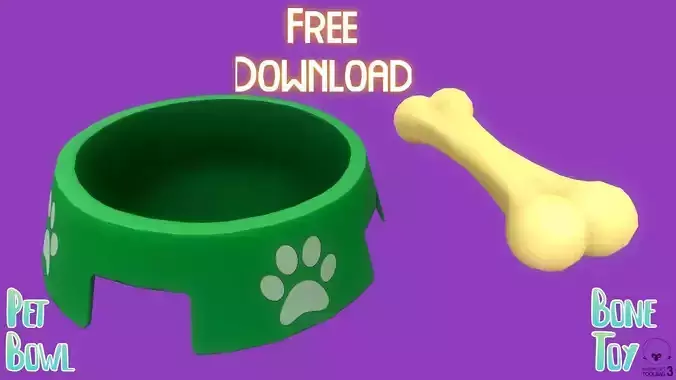 Stylized Dark Green Pet Bowl and Bone Toy Free