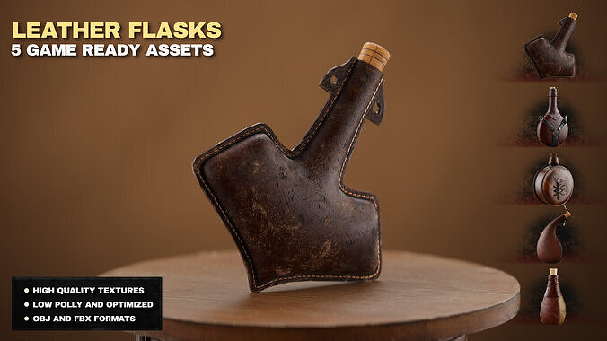 Leather Flasks -  Game Ready Low-poly 3D model