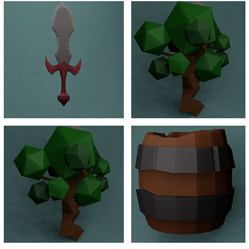 Low Poly Mini Pack - Sword Barrel and Trees Free low-poly 3D model