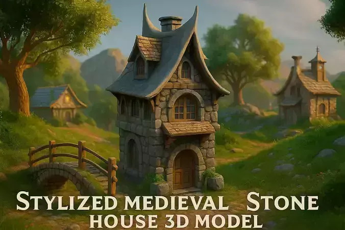 Stylized Medieval Stone House Low-poly 3D model