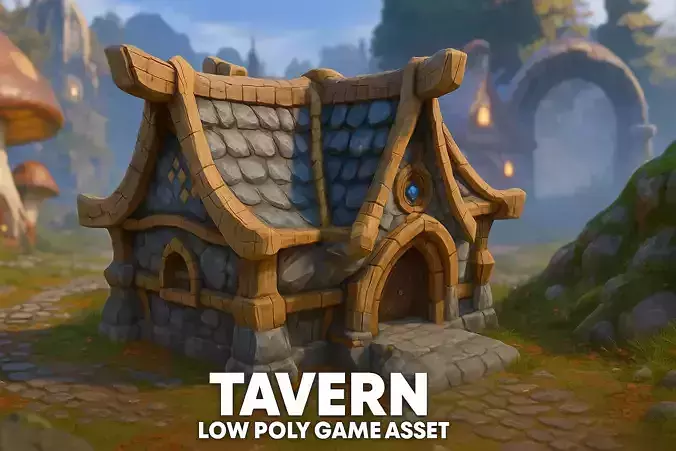 Stylized Fantasy House Medieval Wooden and Stone Building Low-poly 3D model