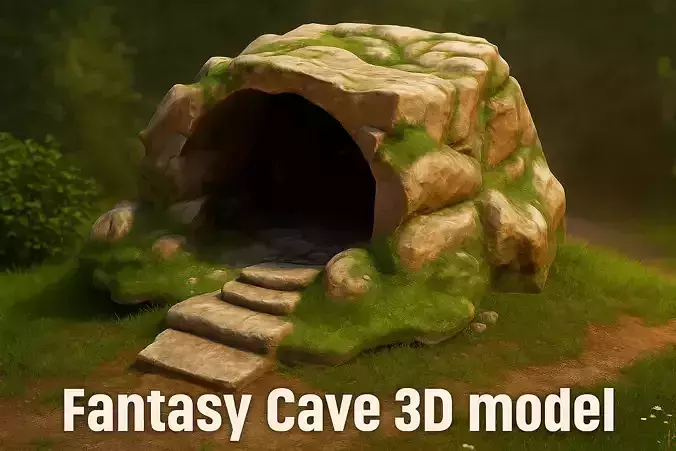 Stylized Fantasy Cave Mossy Rock Shelter Game Asset Low-poly 3D model