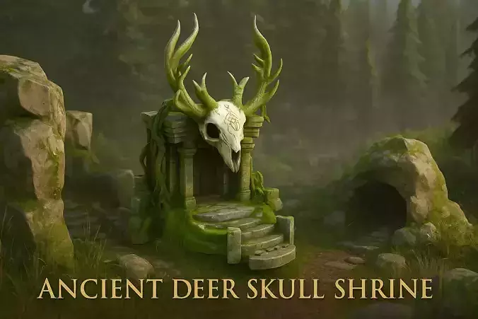 Stylized Ancient Ritual Shrine with Antlers Game Asset 3D model