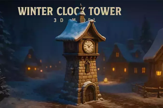 Stylized Snowy Clock Tower Winter Fantasy Asset 3D model