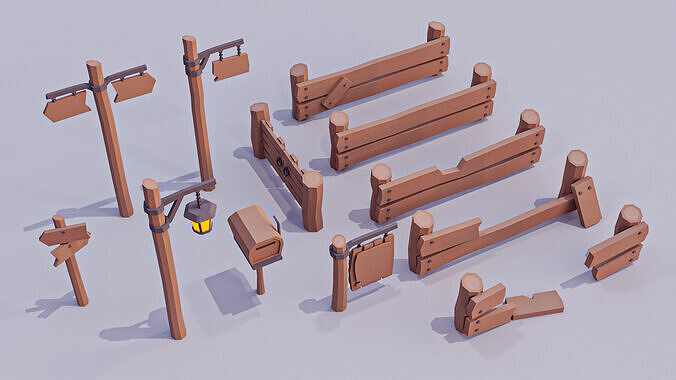 Low Poly Fence Pack 3D model