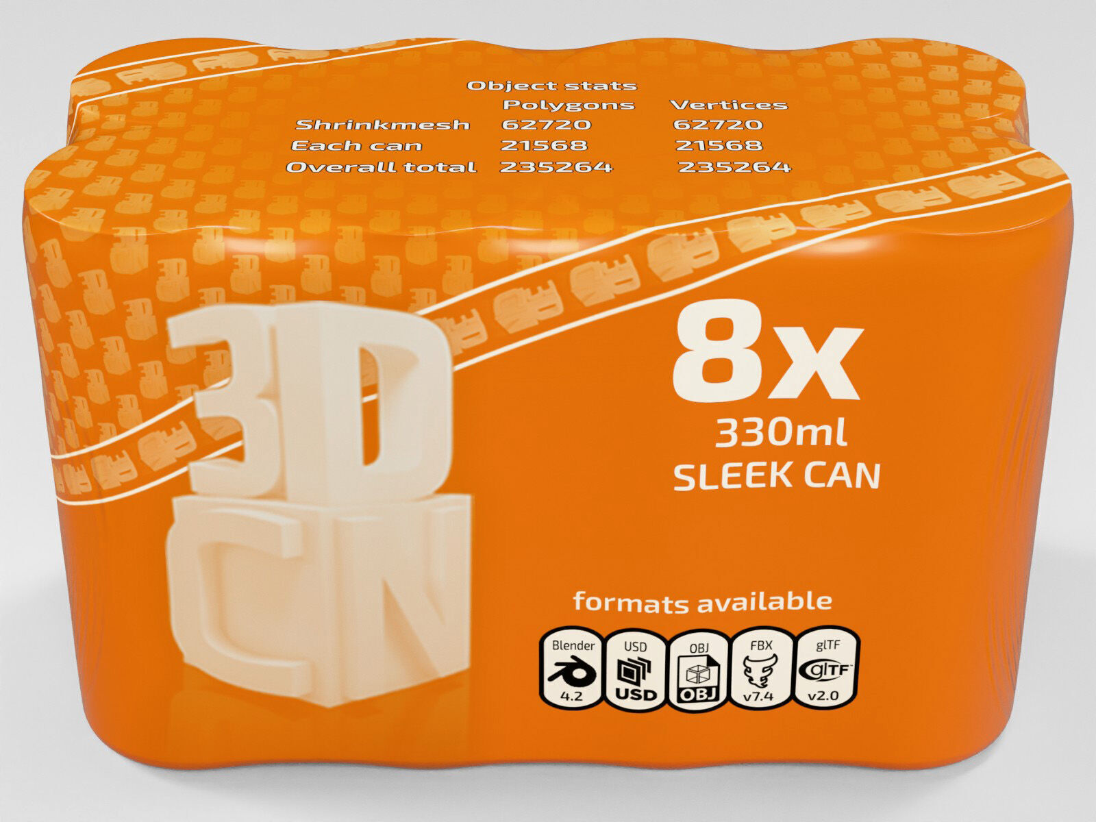 8 pack 330ml Sleek shrinkwrapped beverage cans 3D model_2