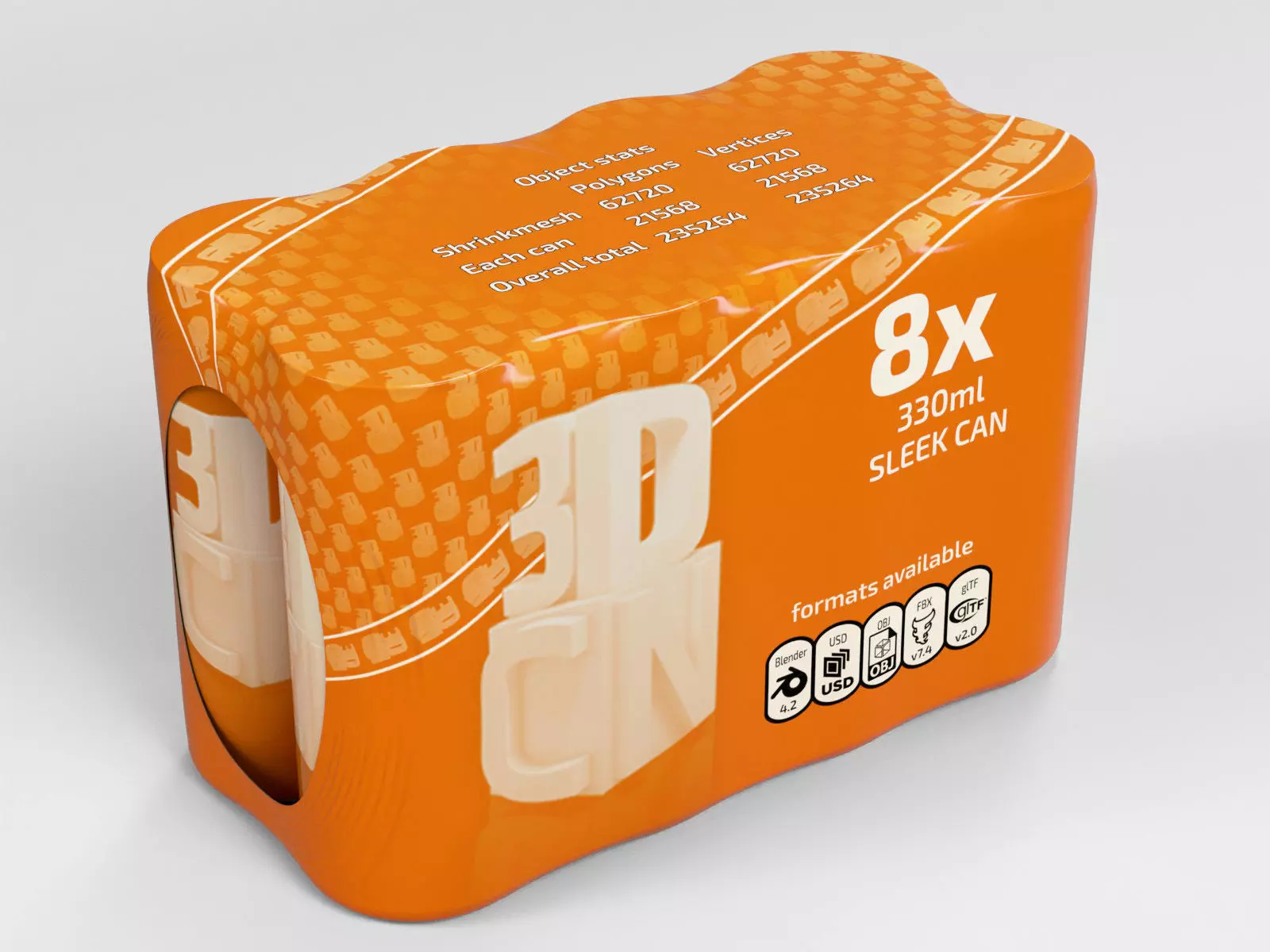 8 pack 330ml Sleek shrinkwrapped beverage cans 3D model_0