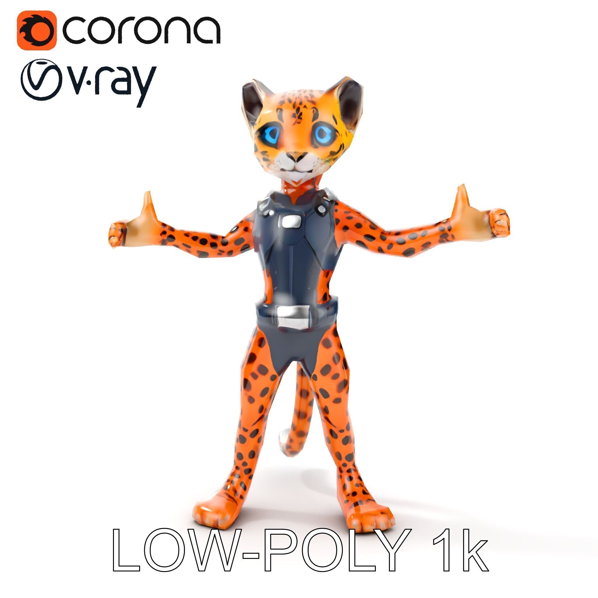 Cheetah Warrior Character Model with Armor and Blue Eyes Low-poly 3D model_20