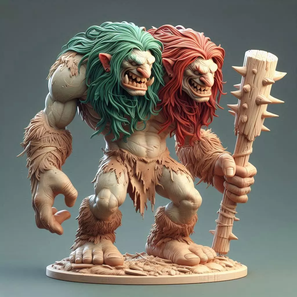664 Two Headed Roaring Troll  3D Printed Ivory Style 3D print model_0