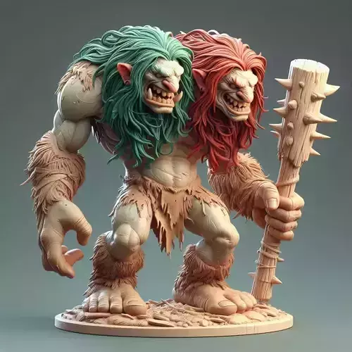 664 Two Headed Roaring Troll  3D Printed Ivory Style