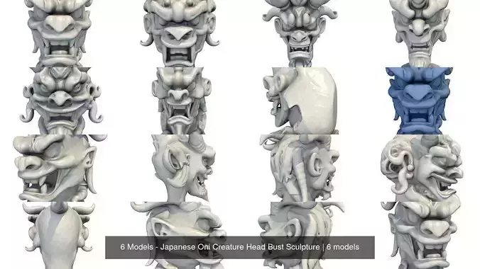 6 Models - Japanese Oni Creature Head Bust Sculpture