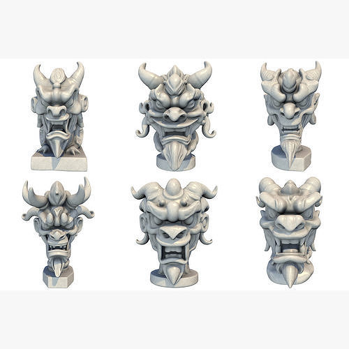 6 Models - Japanese Oni Creature Head Bust Sculpture 3D Model Collection