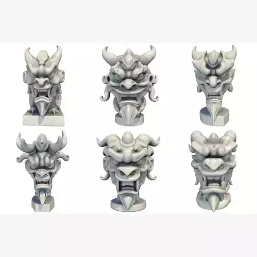 6 Models - Japanese Oni Creature Head Bust Sculpture
