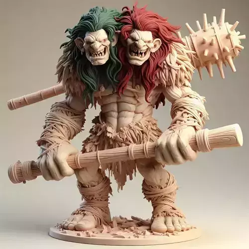 665 Two Headed Roaring  Troll  3D Printed  Ivory Style