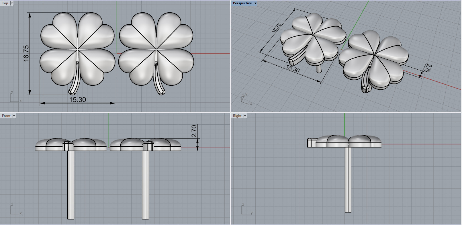 Clover heart stud earring model 1080 3D print model_3