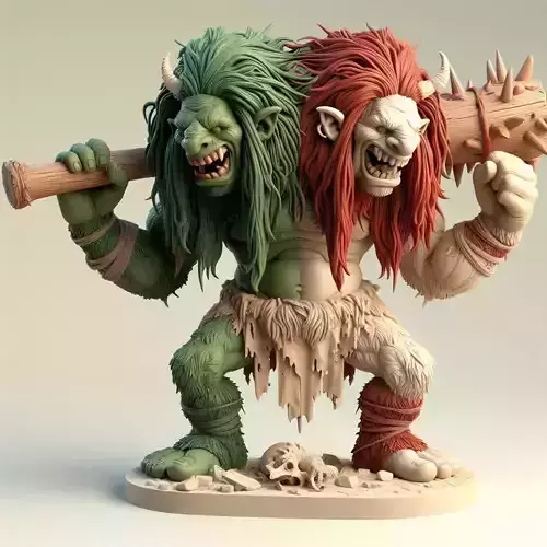 666 Two Headed Roaring  Troll  3D Printed  Ivory Style  3D print model