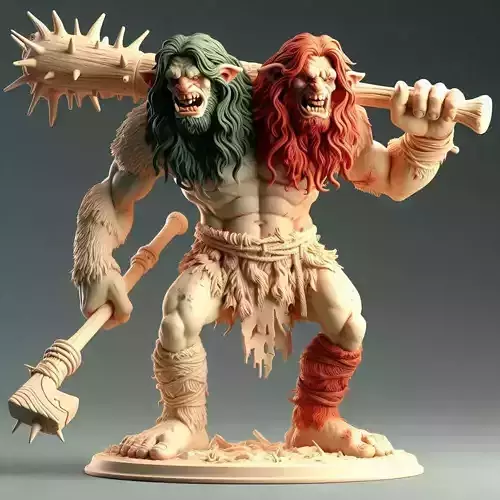 668  Two Headed Roaring   Troll   3D Printed  Ivory Style 