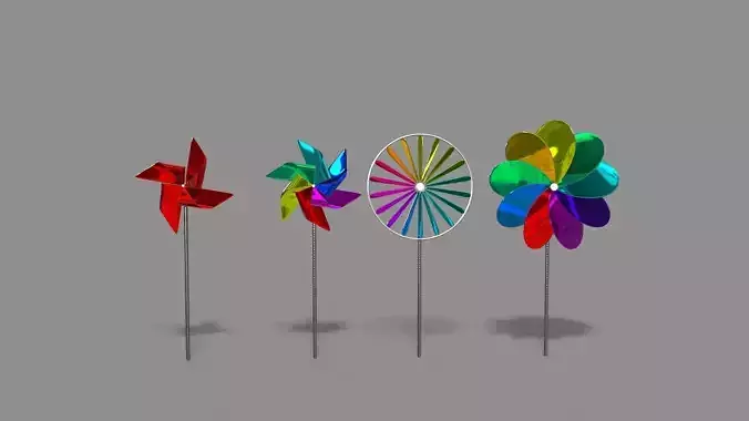 Pinwheel three colorful pinwheels on wooden stick Low-poly 3D model