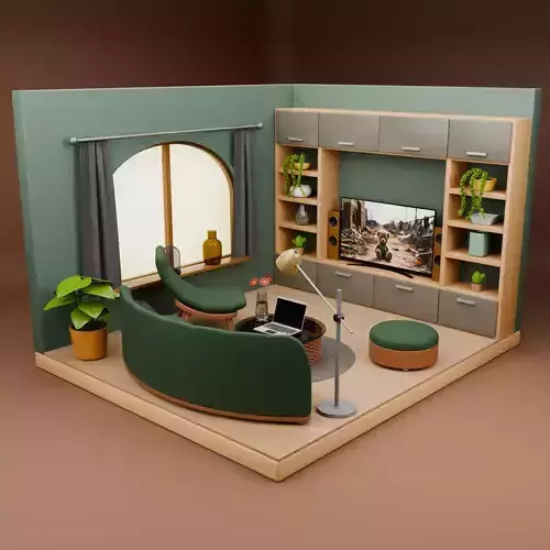 Isometric Stylized Living Room  Low Poly 3D Scene
