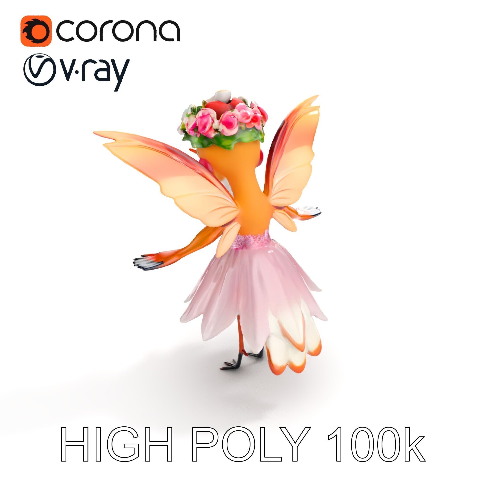 Flower Fairy Bird with Wings and Pink Dress D Model Low-poly 3D model_19