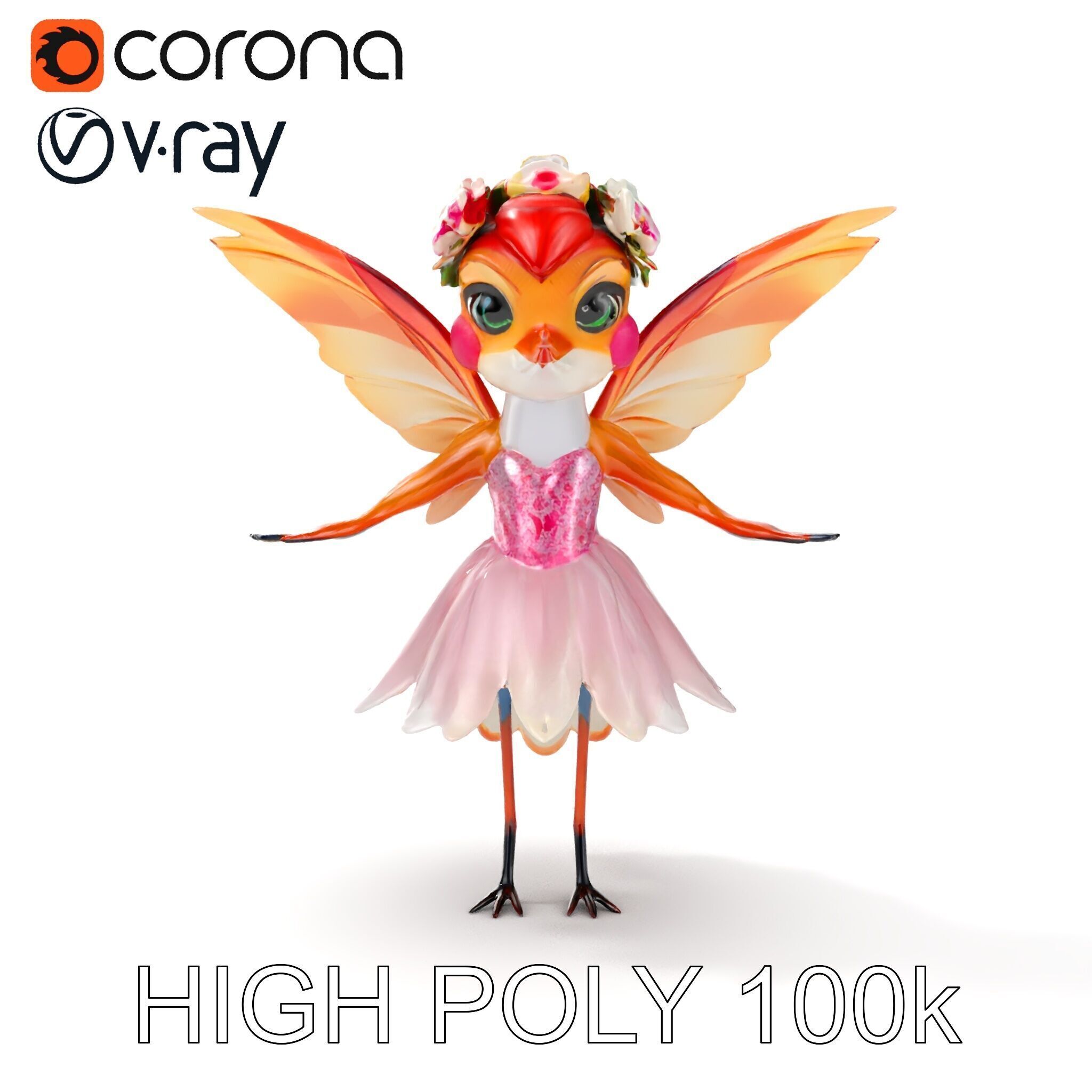 Flower Fairy Bird with Wings and Pink Dress D Model Low-poly 3D model_30