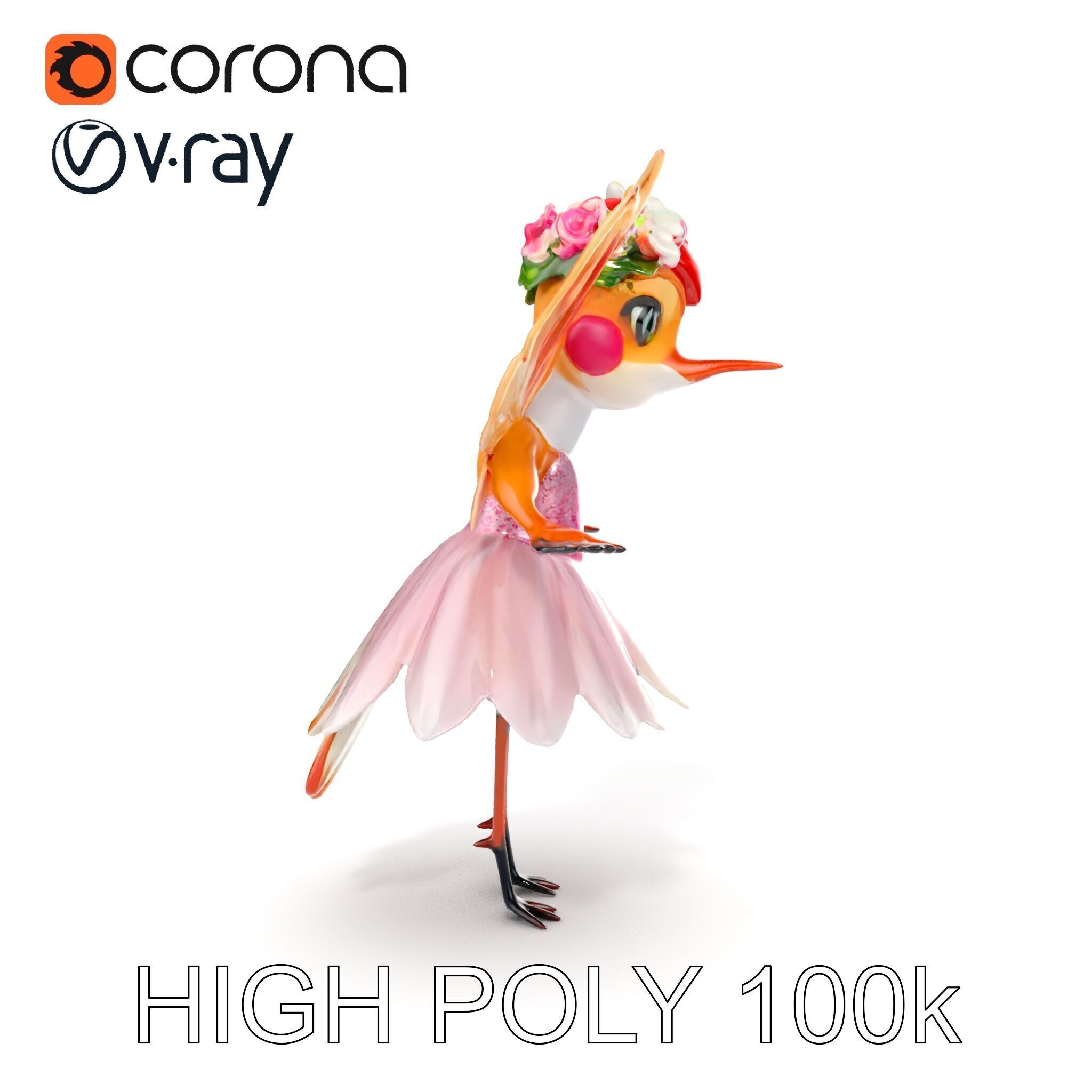 Flower Fairy Bird with Wings and Pink Dress D Model Low-poly 3D model_9