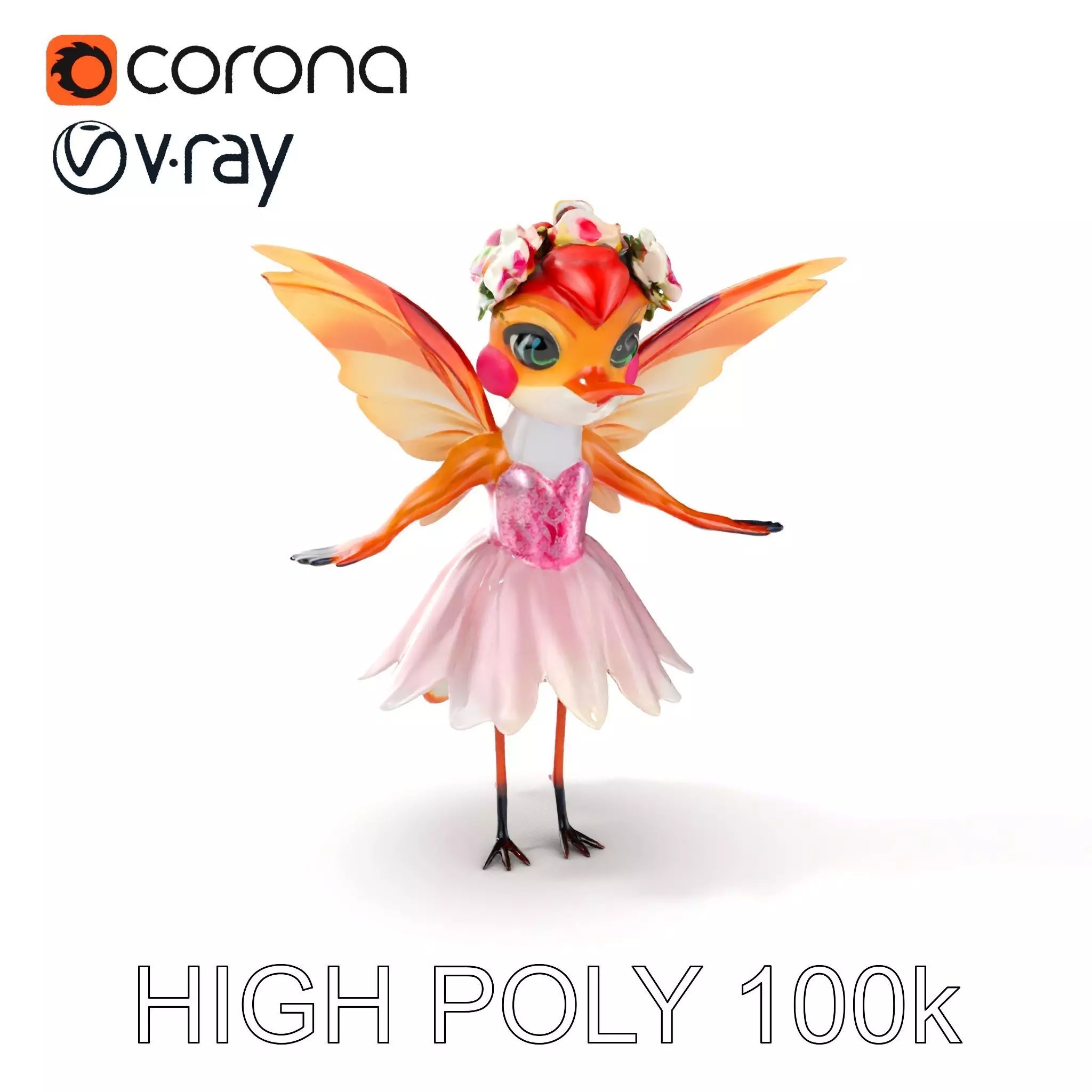Flower Fairy Bird with Wings and Pink Dress D Model Low-poly 3D model_0