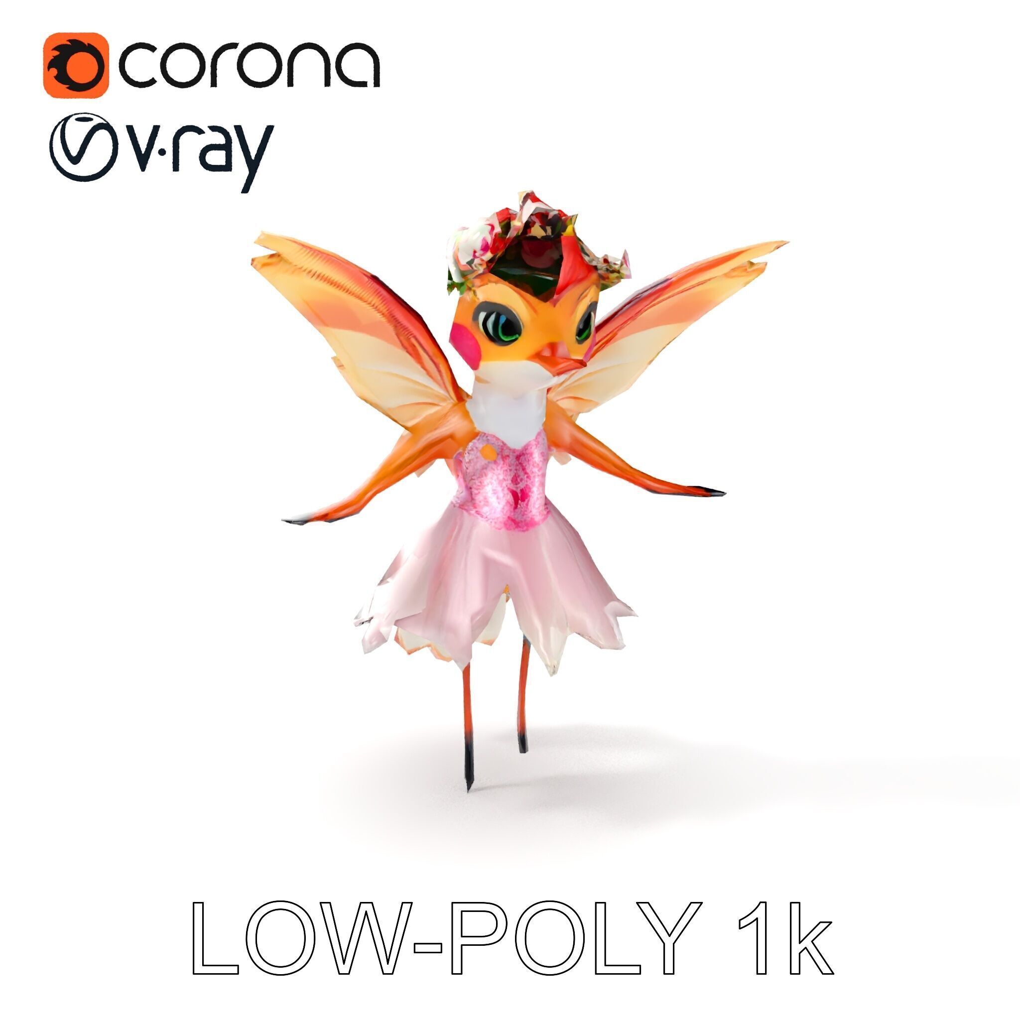 Flower Fairy Bird with Wings and Pink Dress D Model Low-poly 3D model_8