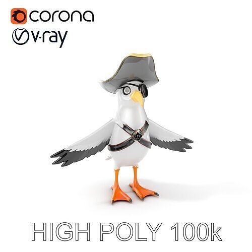 Pirate Seagull Character Model with Eyepatch and Hat Low-poly 3D model