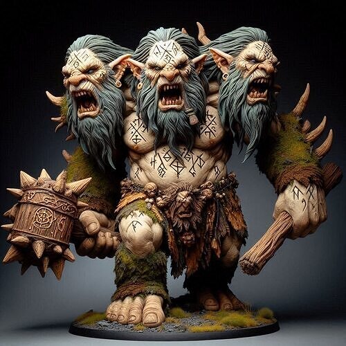 671 Three Headed  Troll  3D Printed  Fantasy Statue with Club 3D print model