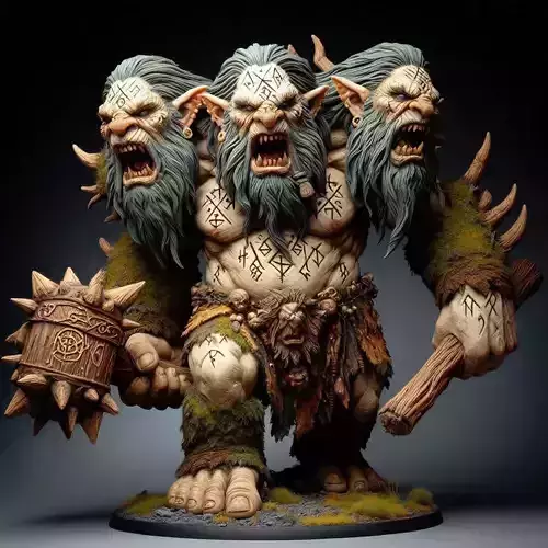 671 Three Headed  Troll  3D Printed  Fantasy Statue with Club