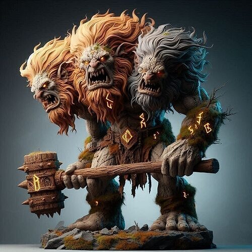 672 Three Headed  Troll  3D Printed  Fantasy  Statue  with Club 3D print model