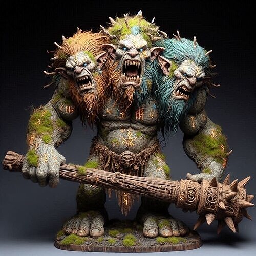 673 Three Headed  Troll   3D Printed Fantasy  Statue with Club 3D print model