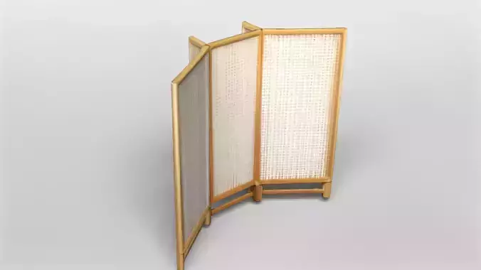 Wooden Three-Panel Room Divider with Woven Rattan Design