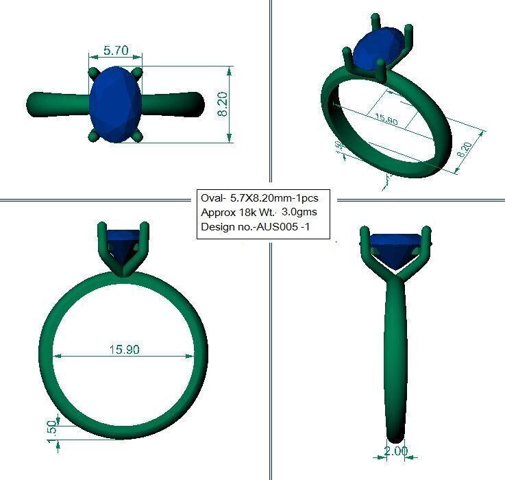 Oval Diamond Ring - Free adjustment for stone and size 3D print model_4