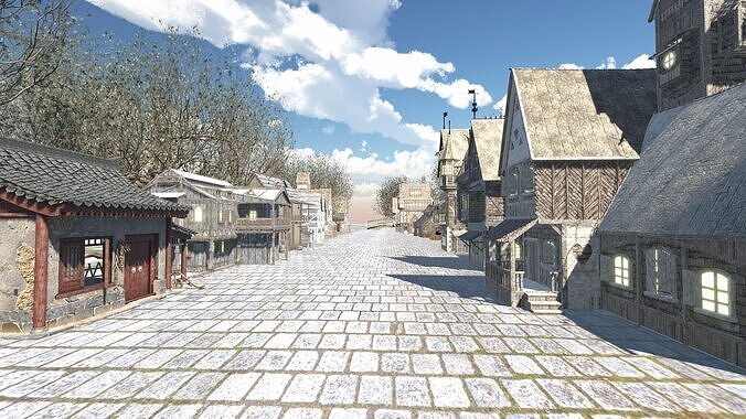 Medieval Modular Town with 13 Houses Tree and Bridge Game Ready Low-poly 3D model