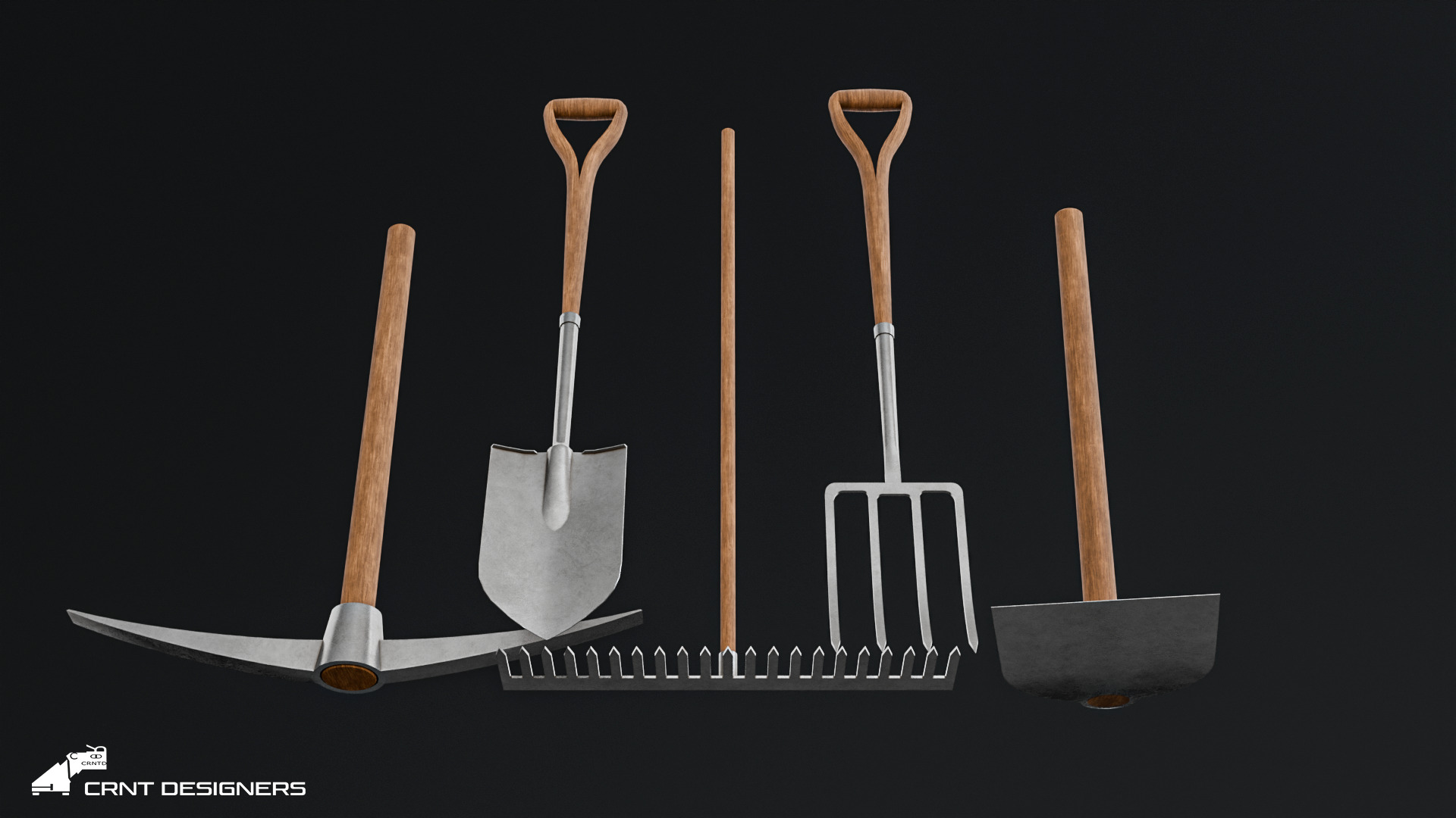 Farming Tools Pack - Fork Shovel Rake Pickaxe Hoe Low-poly 3D model_7
