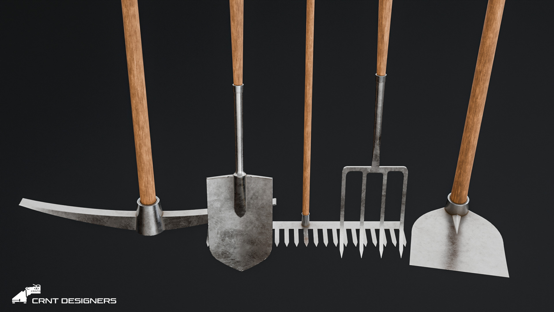 Farming Tools Pack - Fork Shovel Rake Pickaxe Hoe Low-poly 3D model_3